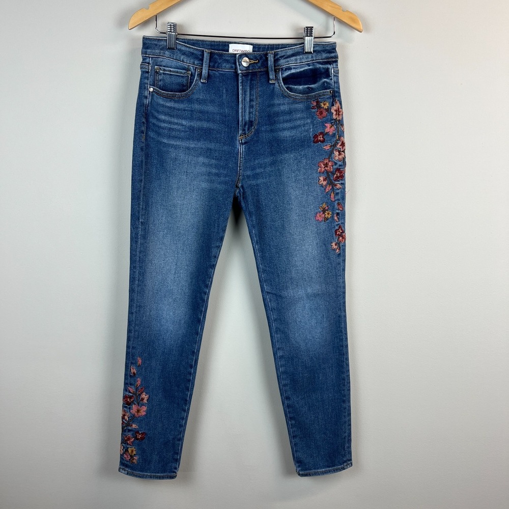 Driftwood Jackie Floral Embroidered High Rise Skinny Jeans Womens 28 Blue Ankle